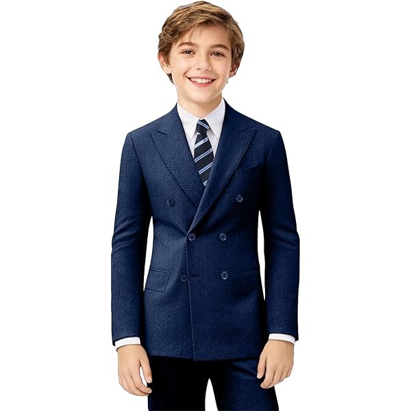 Boys Herringbone Tweed Suits 5 Piece Wedding Kids Suit Tweed Double Breasted Jacket and Dress Pants Set with Shirt Tie