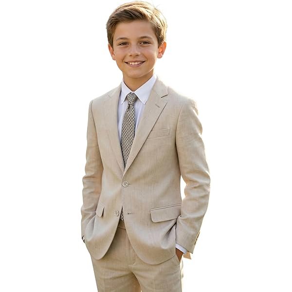 Boys Linen Suit Kids Suit for Boys 2 Piece Beach Wedding Casual Suit Jacket and Dress Pants Set