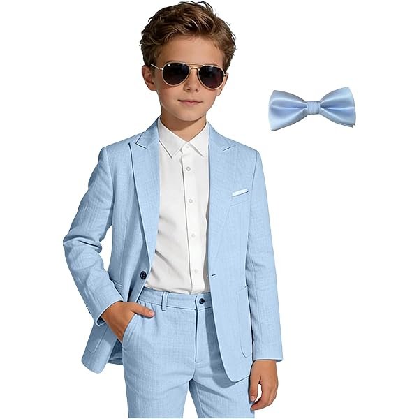 Kids Linen Suits for Toddler Boy 2 Piece Slim Fit Summer Outfit for Teen Casual Beach Wedding Tuxedo Jacket Pants Set